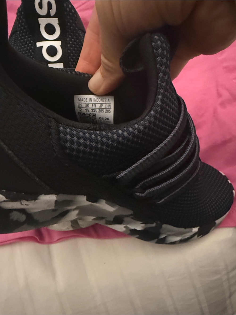 Adidas Kids Black Sneakers with Gray Camouflage Midsole. Size 2 - Picture 5 of 5